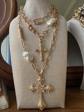NEW Layered Gold-Tone Cross Pendant Necklace with Pearl & Rhinestones - 25”